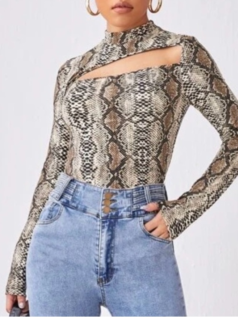 Snakeskin Print Women's Cut Out Long Sleeve Top- Medium